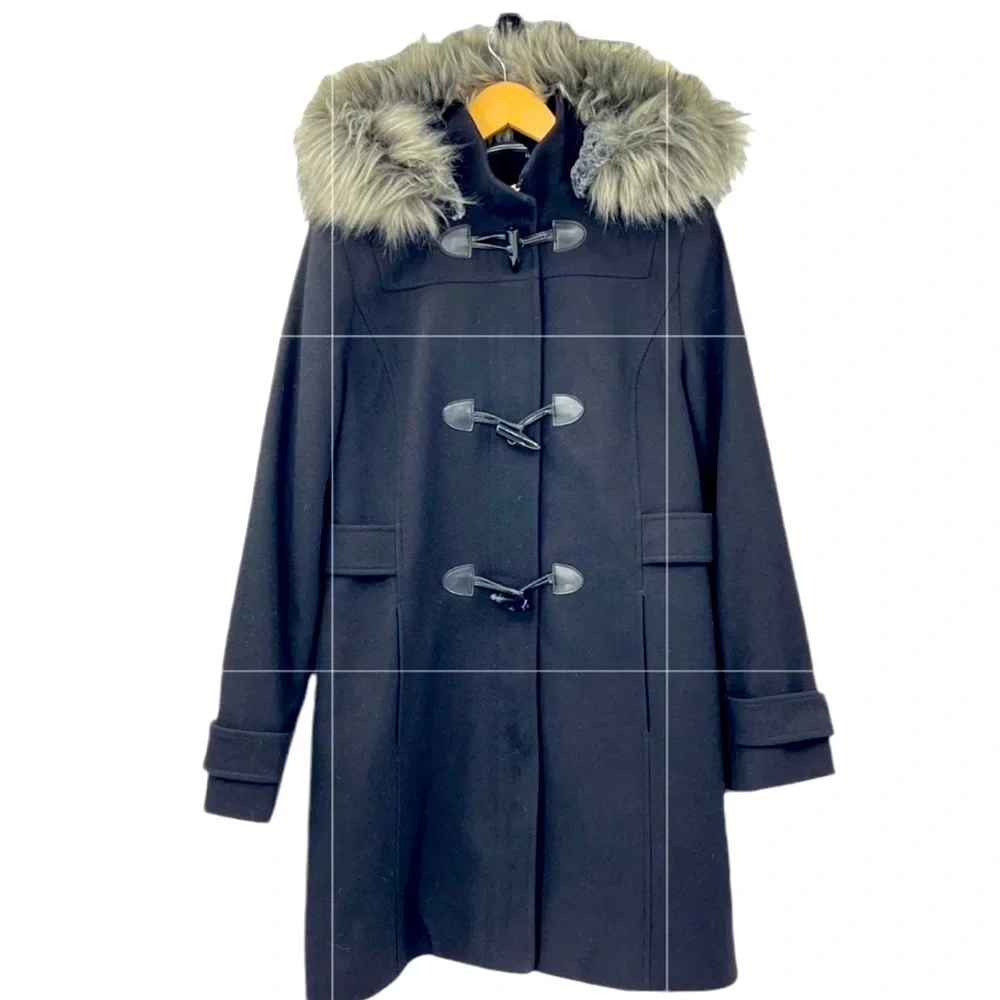 NAUTICA Black WITH GRAY FUR WOOL PARKA TOGGLE TUSK BUTTON PENNY LANE COAT M - Picture 2 of 10